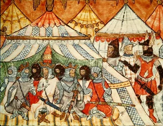 Fol.115r Kalchas überredet die Griechen, nicht nach Troja zu marschieren, aus dem Codex Benito Santa Mora
